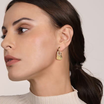 14K White  Yellow Gold Diamond and Diamond Cut Huggie Drop Earrings