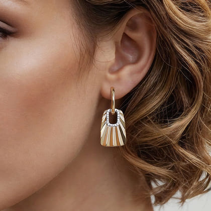 14K White  Yellow Gold Diamond and Diamond Cut Huggie Drop Earrings