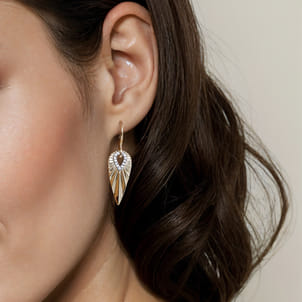 14K White  Yellow Gold Diamond and Diamond Cut Huggie Drop Earrings