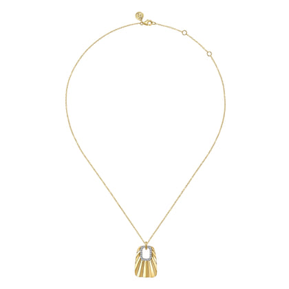 14K White  Yellow Gold Diamond and Diamond Cut Pendant Drop Necklace