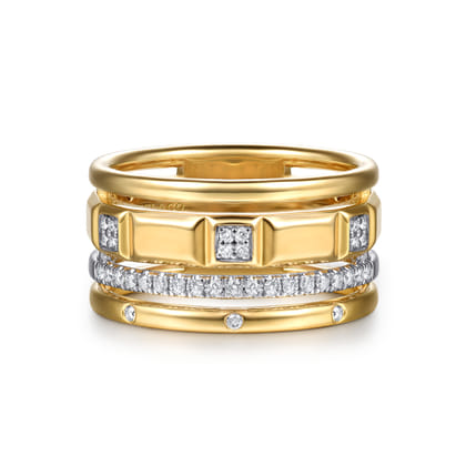 14K White  Yellow Gold Diamond and Half Cube Easy Stackable Ring