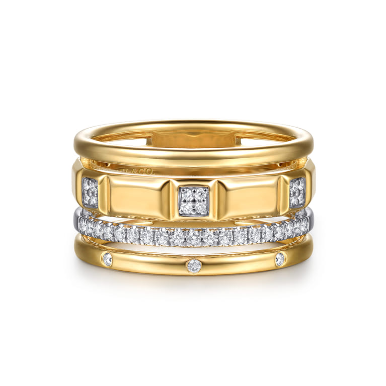 14K White  Yellow Gold Diamond and Half Cube Easy Stackable Ring - 0.18 ct - Shot 1
