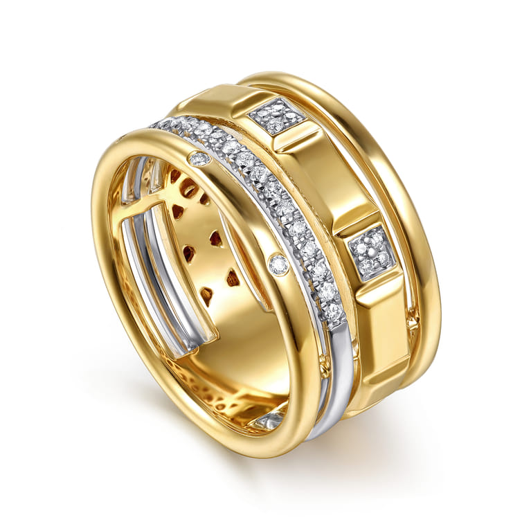 14K White  Yellow Gold Diamond and Half Cube Easy Stackable Ring - 0.18 ct - Shot 3