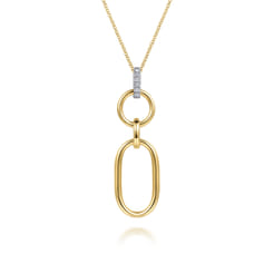 14K White Yellow Gold Diamond and Hollow Link Pendant Necklace