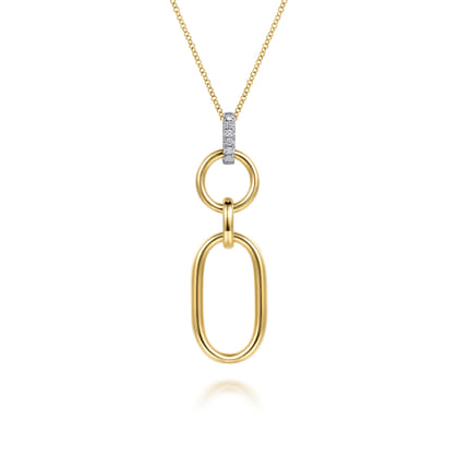 14K White Yellow Gold Diamond and Hollow Link Pendant Necklace