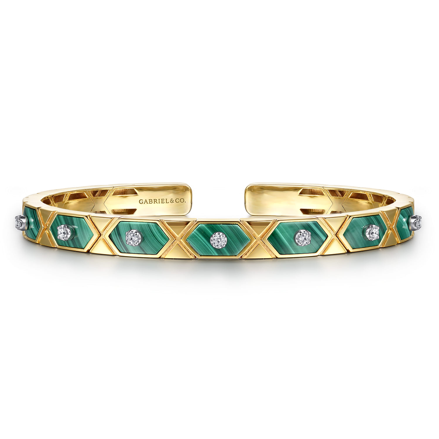 14K White  Yellow Gold Diamond and Malachite Bangle Bracelet - 0.15 ct - Shot 1