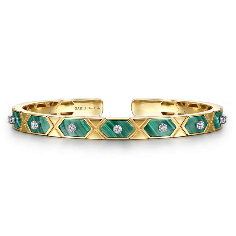 14K White  Yellow Gold Diamond and Malachite Bangle Bracelet - 0.15 ct - Shot 1