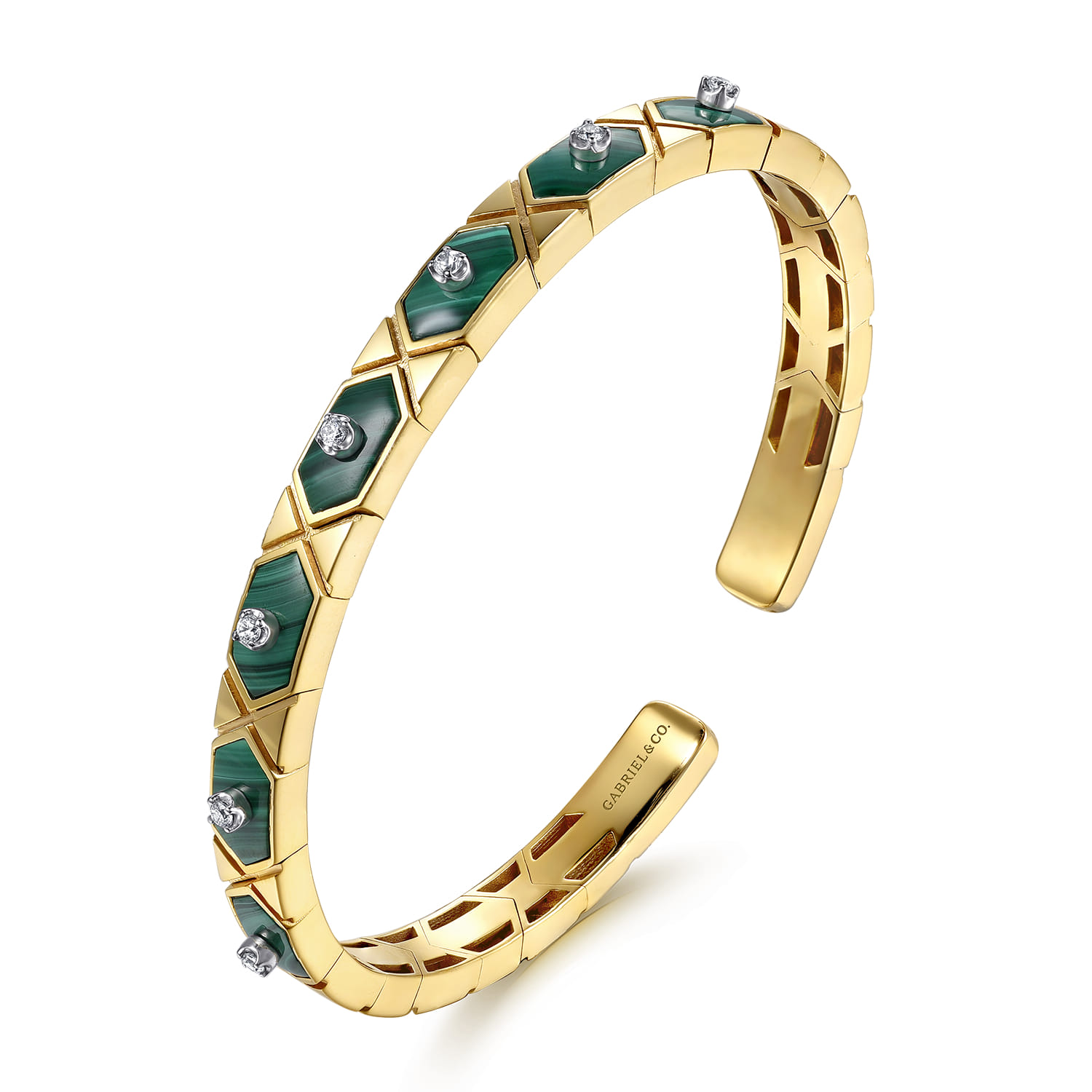 14K White  Yellow Gold Diamond and Malachite Bangle Bracelet - 0.15 ct - Shot 2