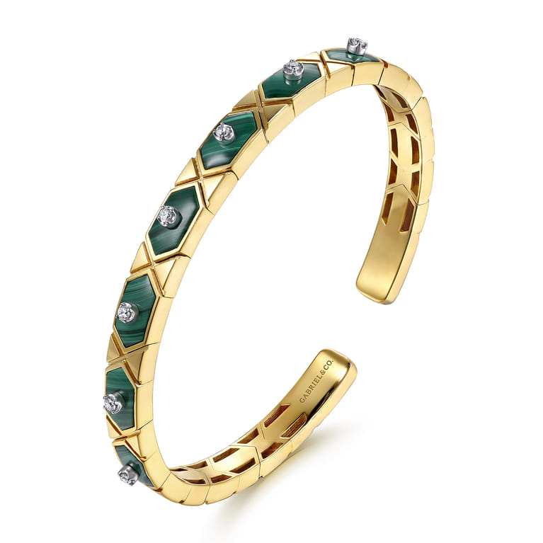 14K White  Yellow Gold Diamond and Malachite Bangle Bracelet - 0.15 ct - Shot 2