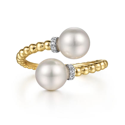 14K White-Yellow Gold Diamond and Pearl Bujukan Bypass Ring