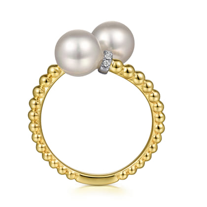 14K White-Yellow Gold Diamond and Pearl Bujukan Bypass Ring