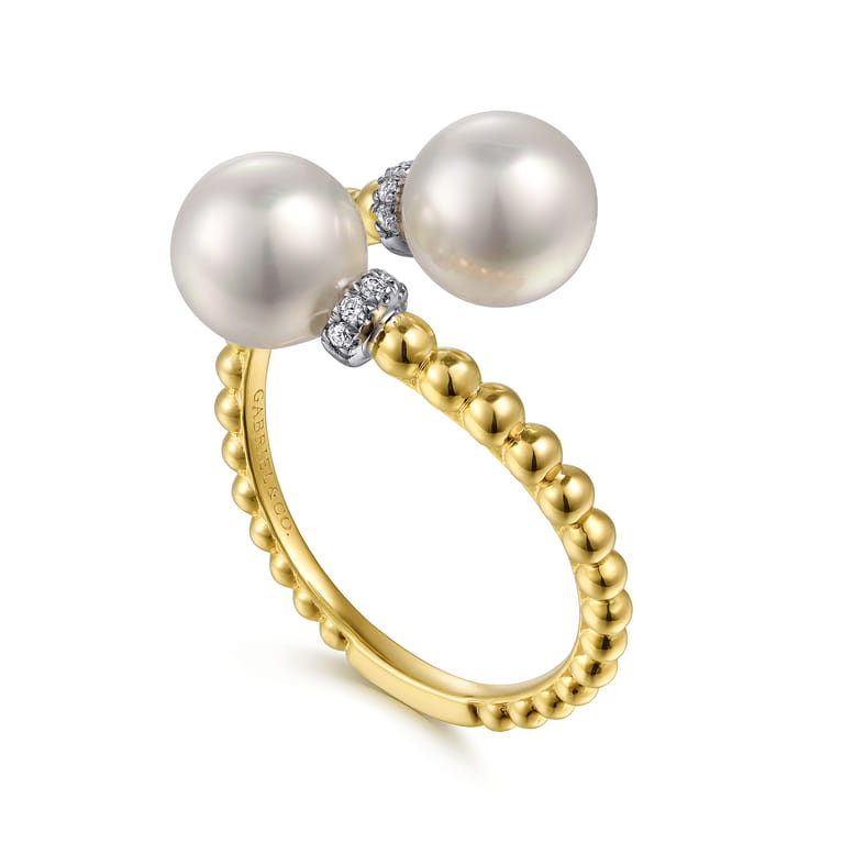 14K White-Yellow Gold Diamond and Pearl Bujukan Bypass Ring - 0.05 ct - Shot 3