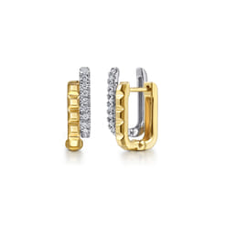 14K White  Yellow Gold Diamond and Pyramid Double Row Huggie Earrings