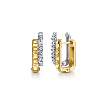 14K White  Yellow Gold Diamond and Pyramid Double Row Huggie Earrings