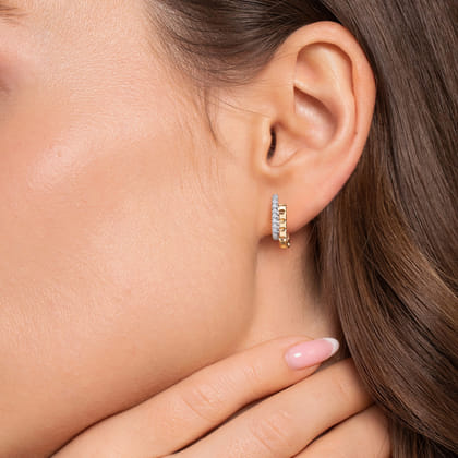 14K White  Yellow Gold Diamond and Pyramid Double Row Huggie Earrings