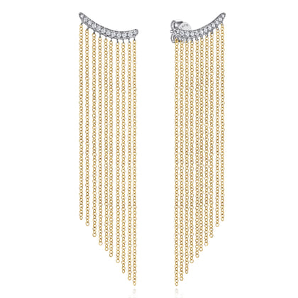 14K White Yellow Gold Diamond and Tassel Stud Earrings
