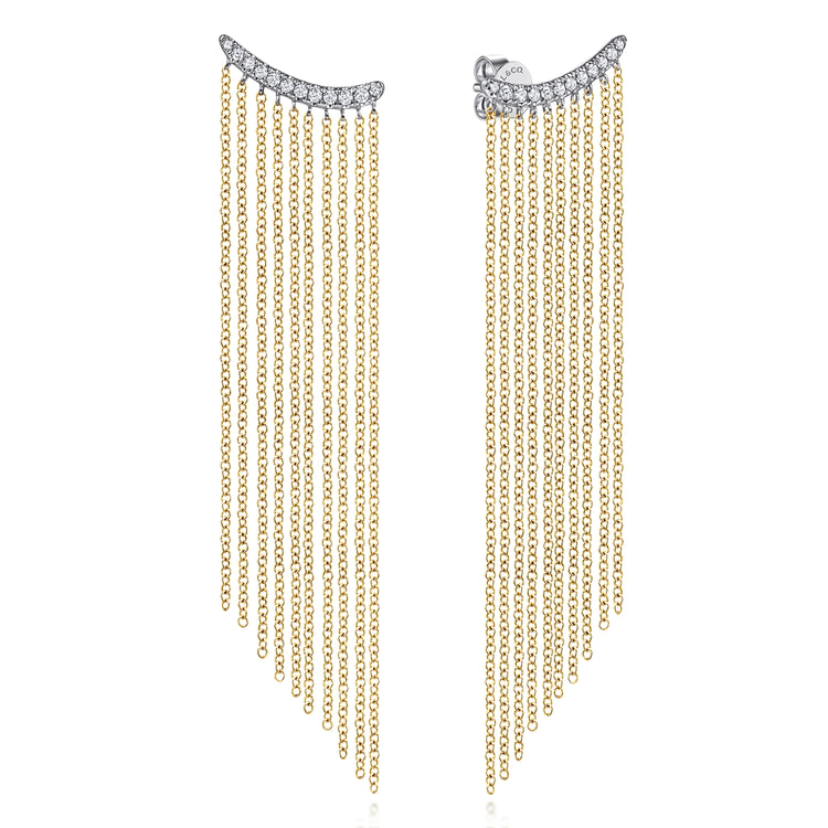 14K White Yellow Gold Diamond and Tassel Stud Earrings