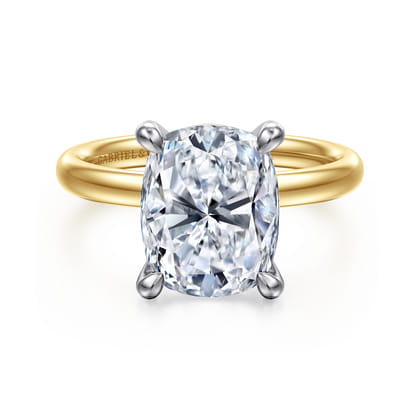 14K White-Yellow Gold Elongated Cushion Solitaire Diamond Engagement Ring