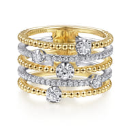 14K White-Yellow Gold Five Row Bujukan Ball and Diamond Station Ring