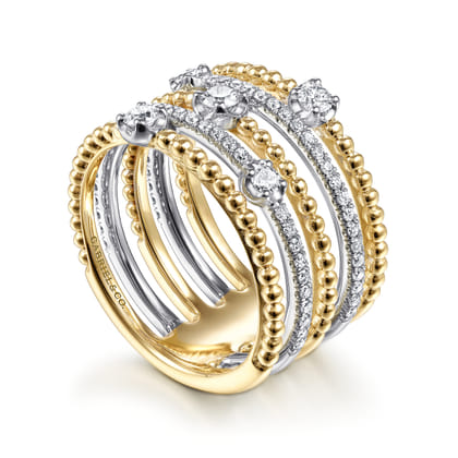 14K White-Yellow Gold Five Row Bujukan Ball and Diamond Station Ring