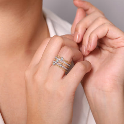 14K White-Yellow Gold Five Row Bujukan Ball and Diamond Station Ring