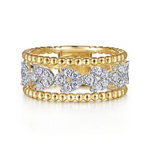 14K White-Yellow Gold Floral Diamond Clusters and Bujukan Bead Ring