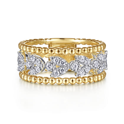 14K White-Yellow Gold Floral Diamond Clusters and Bujukan Bead Ring