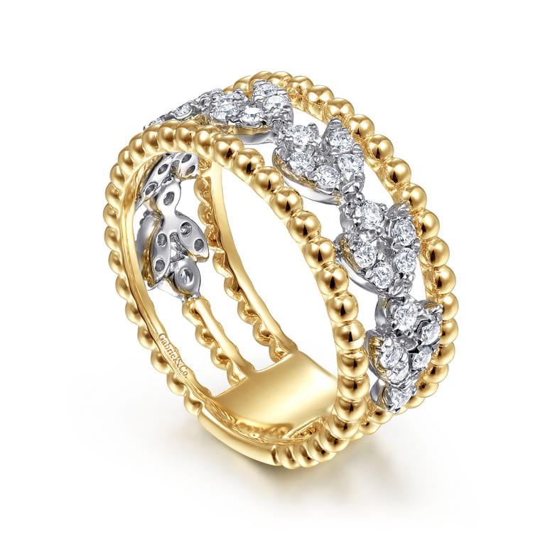 14K White-Yellow Gold Floral Diamond Clusters and Bujukan Bead Ring - 0.4 ct - Shot 3