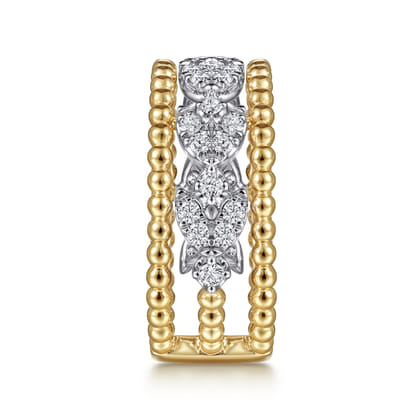 14K White-Yellow Gold Floral Diamond Clusters and Bujukan Bead Ring