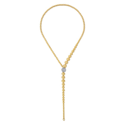 14K White  Yellow Gold Graduating Bujukan Beads and Diamond Y Necklace
