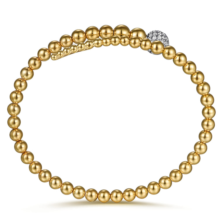 14K White  Yellow Gold Graduating Bujukan Beads and Pave Diamond Split Bangle Bracelet - 0.6 ct - Shot 3