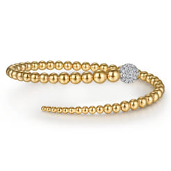 14K White  Yellow Gold Graduating Bujukan Beads and Pave Diamond Split Bangle Bracelet