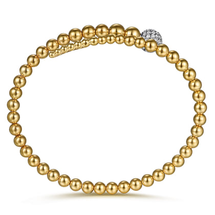 14K White  Yellow Gold Graduating Bujukan Beads and Pave Diamond Split Bangle Bracelet