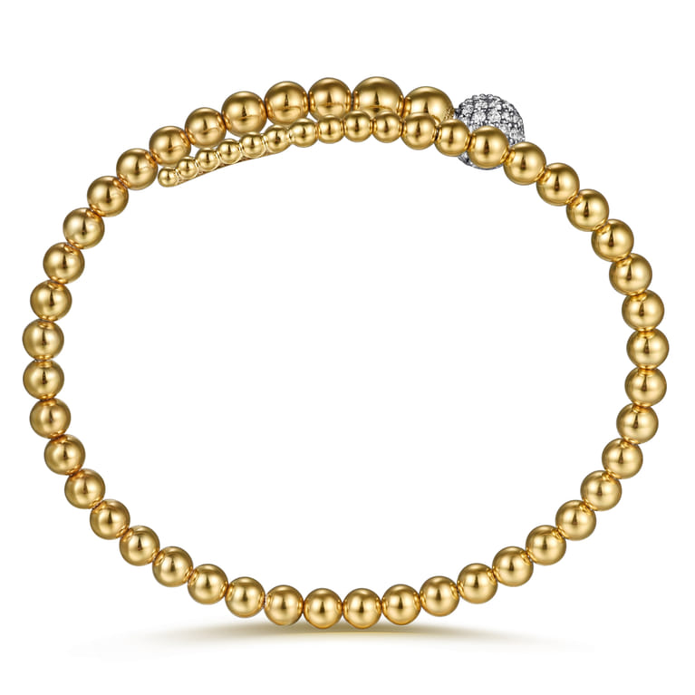 14K White  Yellow Gold Graduating Bujukan Beads and Pave Diamond Split Bangle Bracelet - 0.6 ct - Shot 3