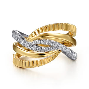 14K White  Yellow Gold Graduating Diamond Criss Cross Diamond Cut Ring