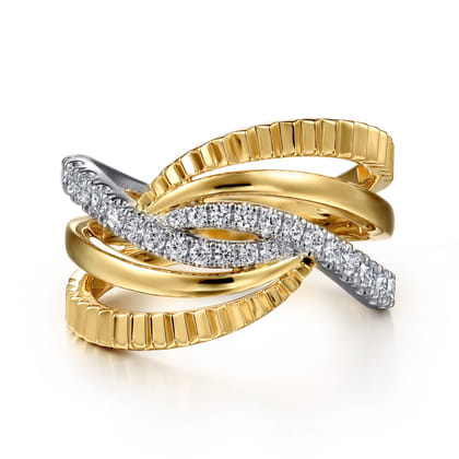 14K White  Yellow Gold Graduating Diamond Criss Cross Diamond Cut Ring