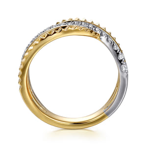 14K White  Yellow Gold Graduating Diamond Criss Cross Diamond Cut Ring