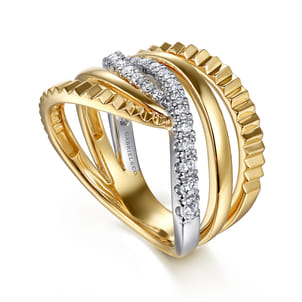 14K White  Yellow Gold Graduating Diamond Criss Cross Diamond Cut Ring