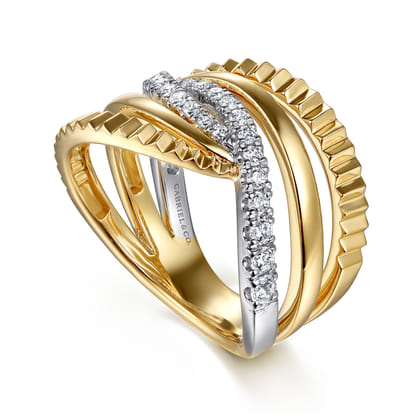 14K White  Yellow Gold Graduating Diamond Criss Cross Diamond Cut Ring