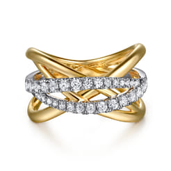 14K White  Yellow Gold Graduating Diamond Criss Cross Ring