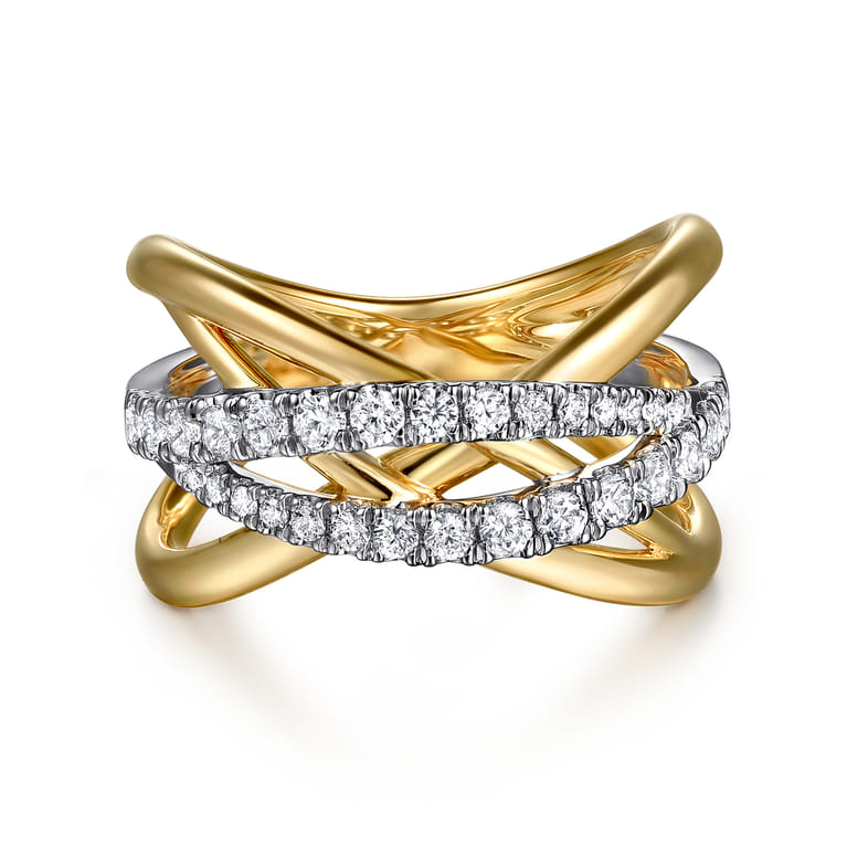 14K White  Yellow Gold Graduating Diamond Criss Cross Ring - 0.5 ct - Shot 1