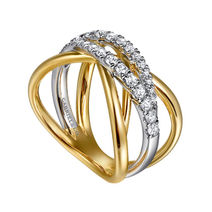 14K White  Yellow Gold Graduating Diamond Criss Cross Ring