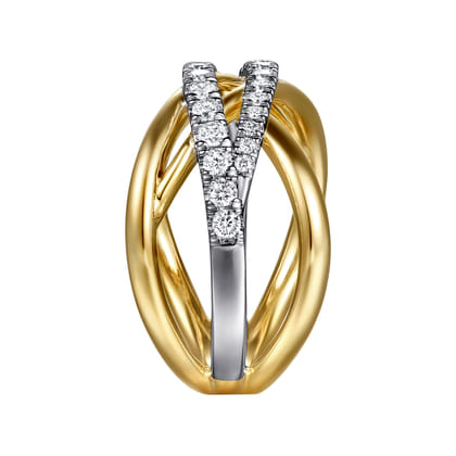 14K White  Yellow Gold Graduating Diamond Criss Cross Ring