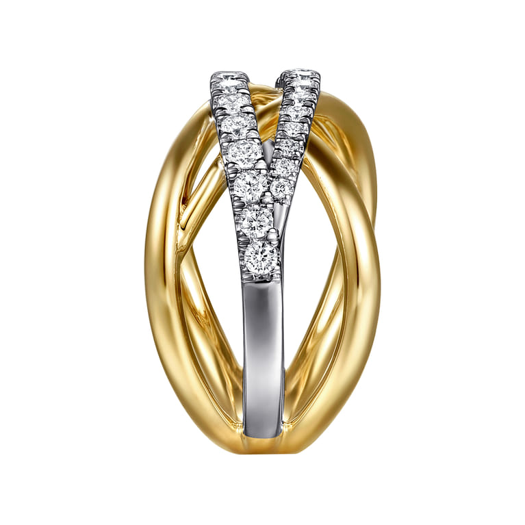 14K White  Yellow Gold Graduating Diamond Criss Cross Ring - 0.5 ct - Shot 4