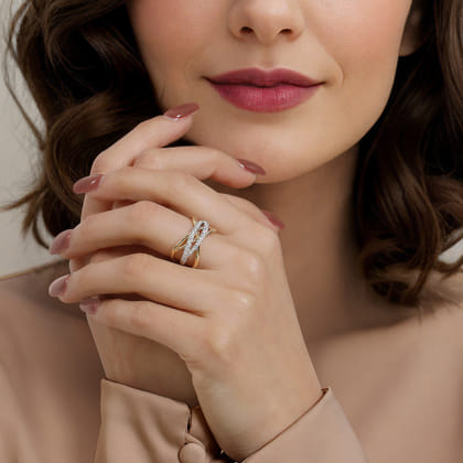 14K White  Yellow Gold Graduating Diamond Criss Cross Ring