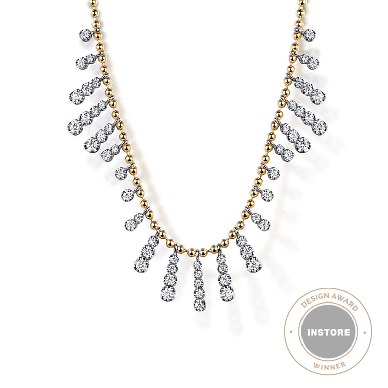 14K White  Yellow Gold Graduating Diamond Droplet Necklace - 1.5 ct - Shot 1