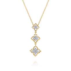 14K White  Yellow Gold Graduating Diamond Flower Pendant Drop Necklace
