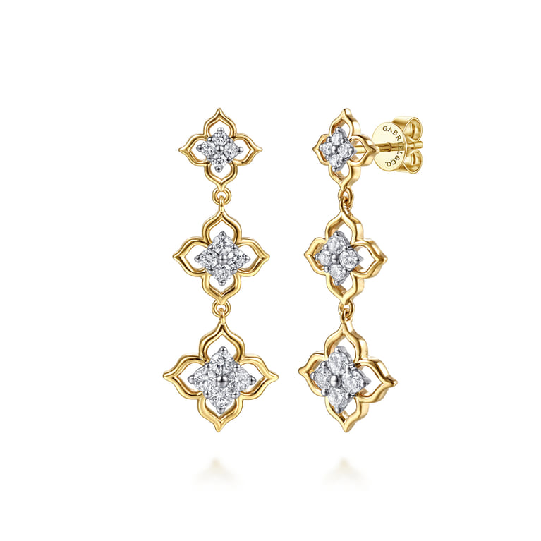 14K White Yellow Gold Graduating Diamond Flower Stud Drop Earrings - 0.8 ct - Shot 1