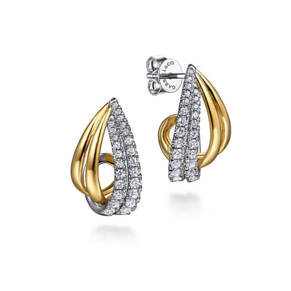 14K White  Yellow Gold Graduating Diamond J Hoop Stud Earrings
