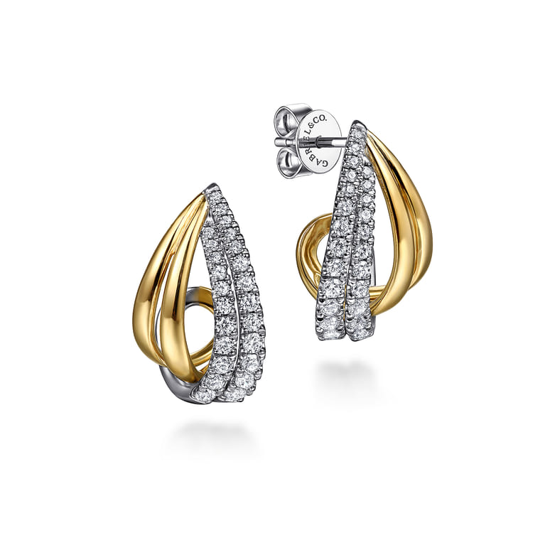 14K White  Yellow Gold Graduating Diamond J Hoop Stud Earrings - 0.75 ct - Shot 1